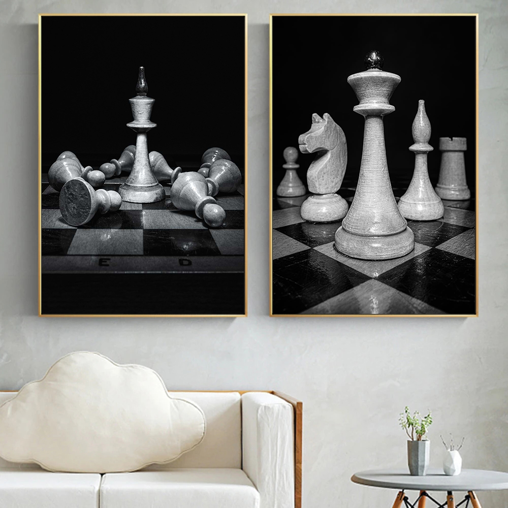 Abstract Oil Painting - Black and White King Knight Chess
